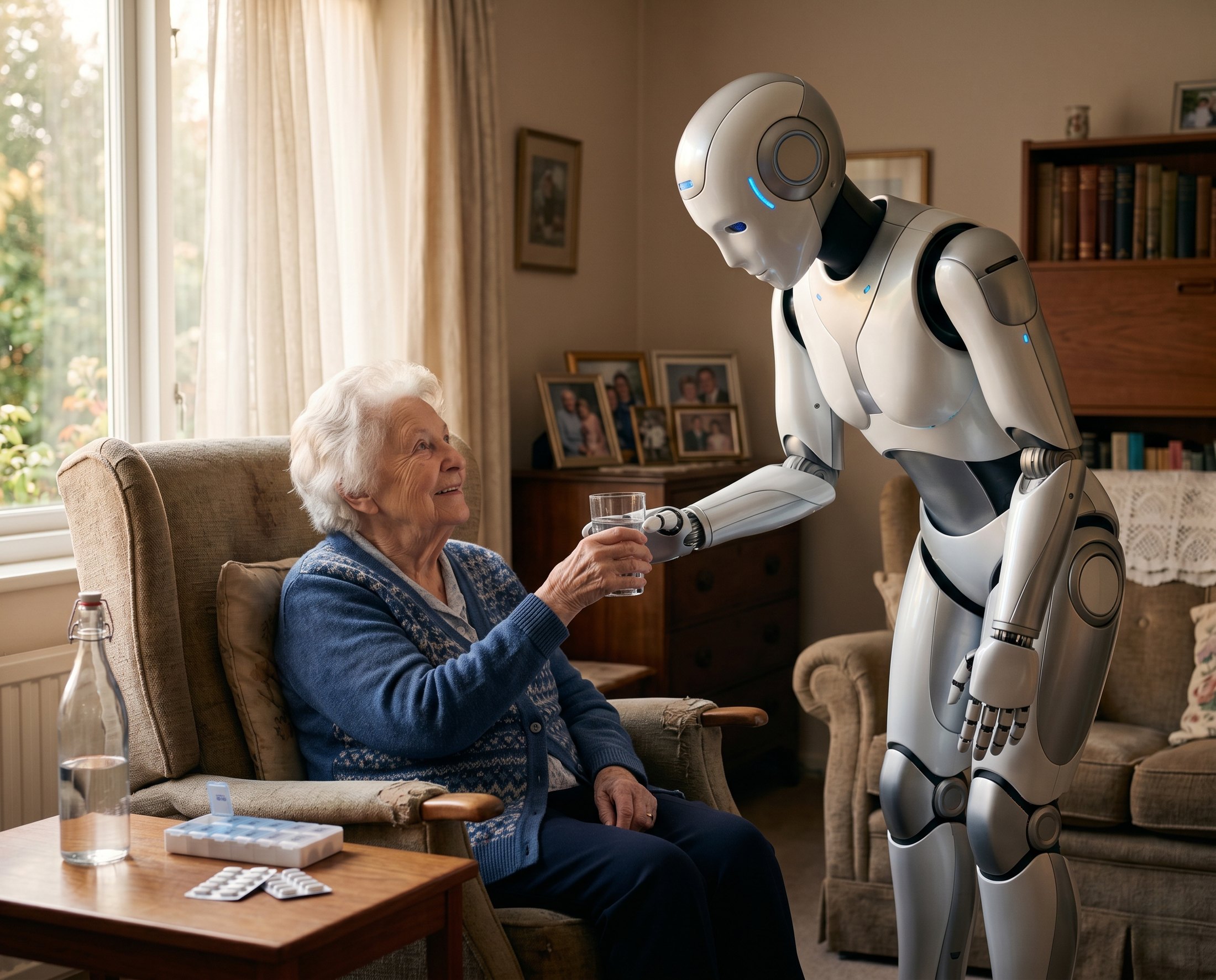 A humanoid robot gently handing a glass of water to a seated older woman in a sunlit living room, a weekly pill organizer on the table