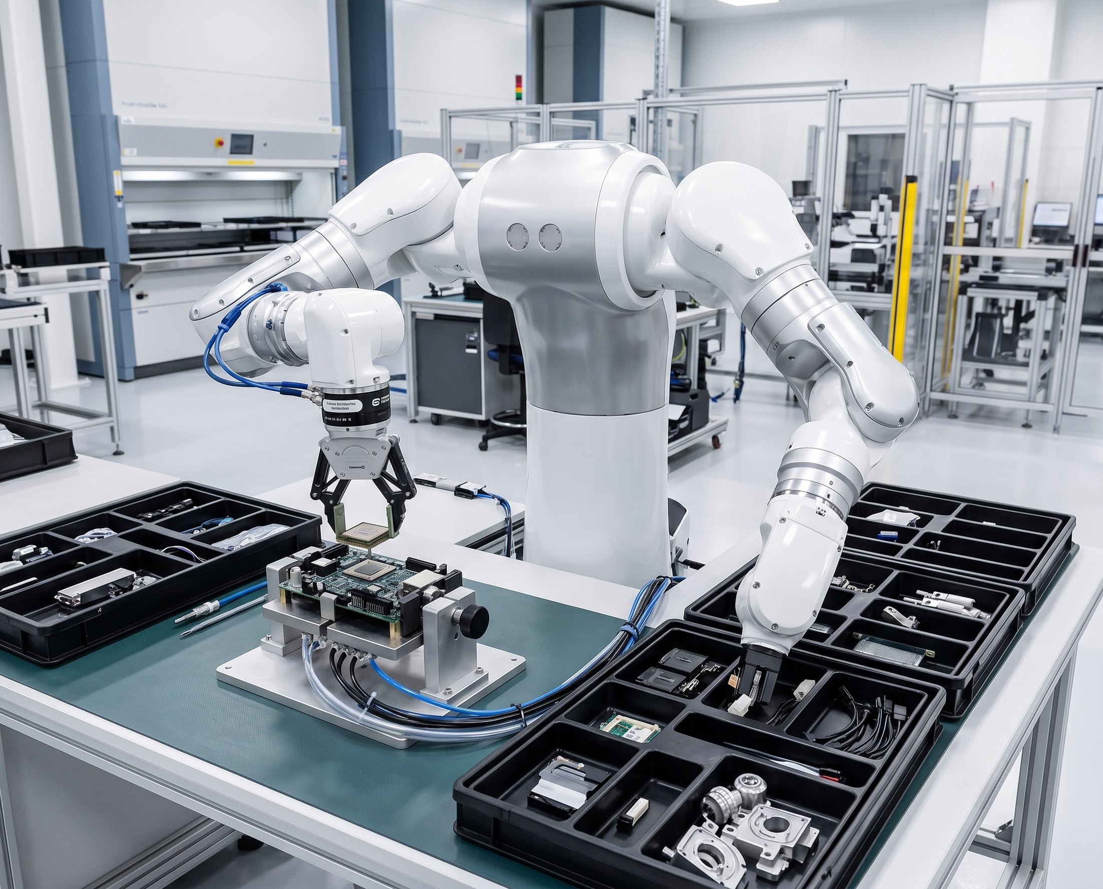 A precision dual-arm robotic cell assembling electronics on a manufacturing line