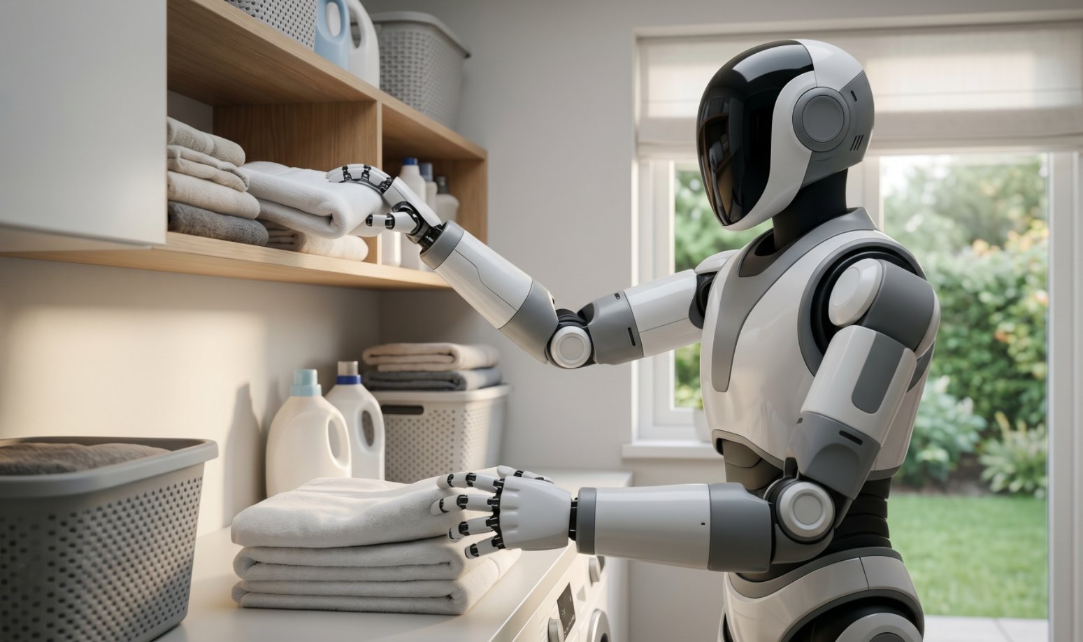 A humanoid robot folding laundry in a home setting